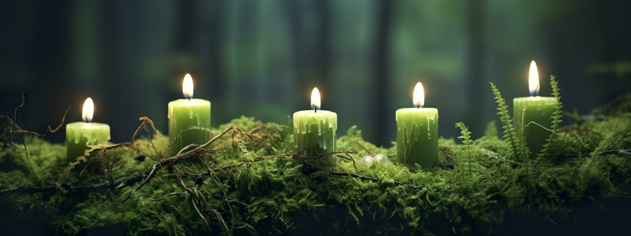Burning candles on moss, dark green blurred the natural background. Magic candle. Generative AI photo
