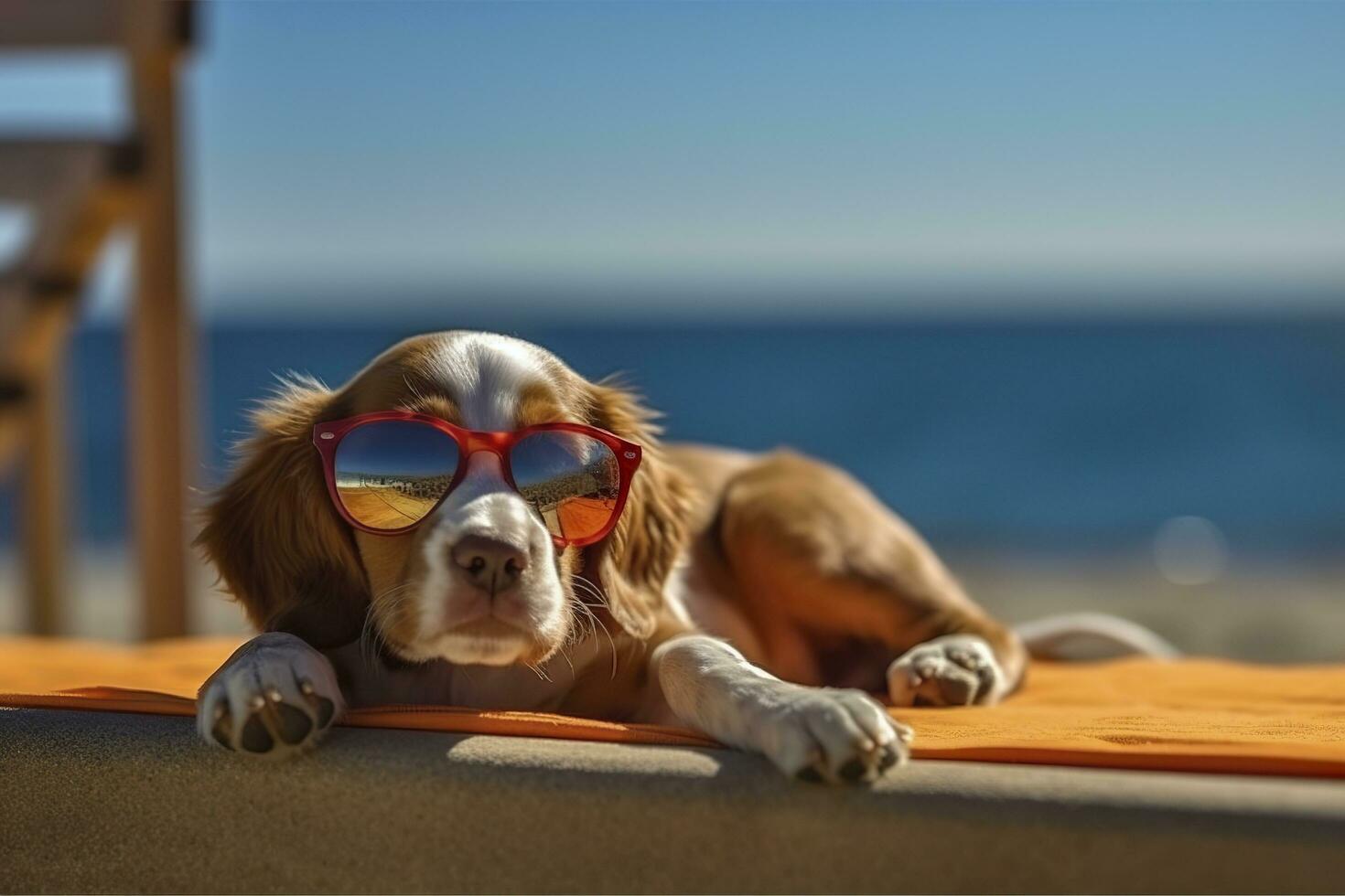 Dog Puppy wearing sunglasses, lying on a sunbed to sunbath at the beach sea on summer vacation, holidays. Funny concept. AI Generative photo