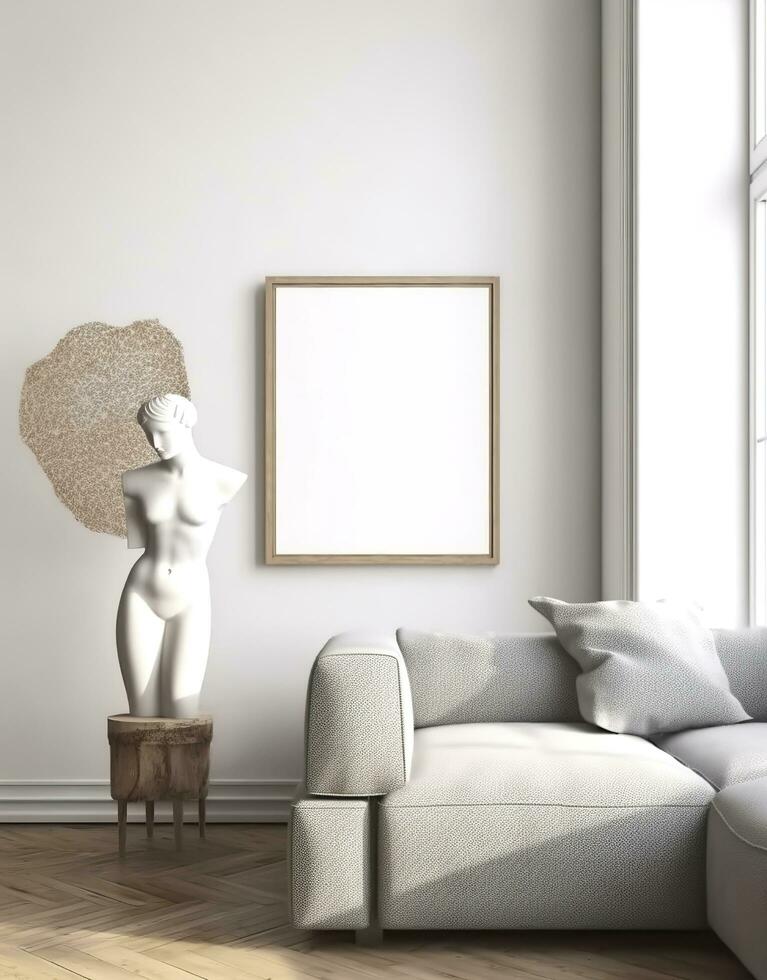 Mockup frame in contemporary Scandinavian living room interior, 3d render. AI Generative photo