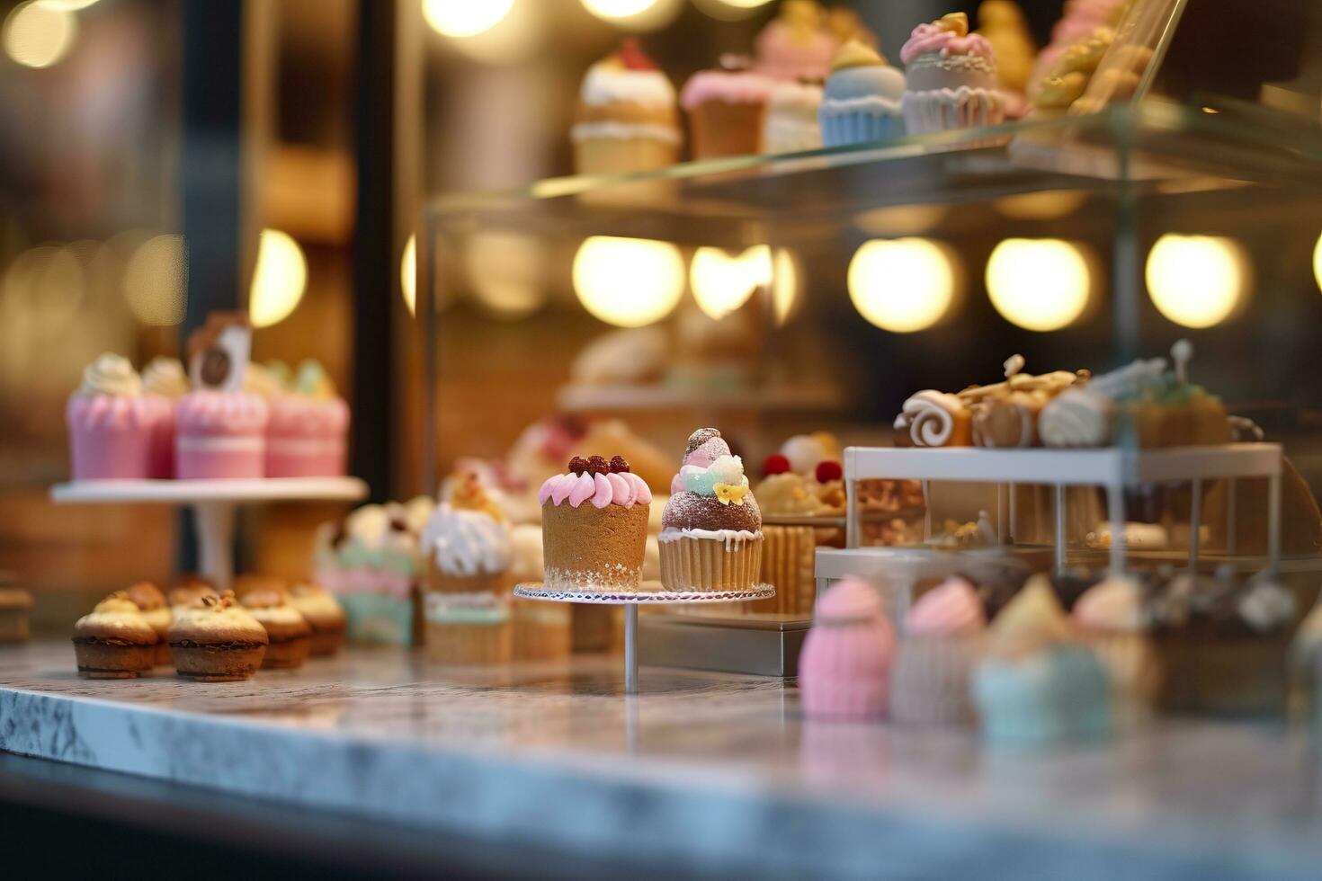 un gusto de dulzura. un popular mercado caja ciega pastel tienda con un limpiar antecedentes. ai generativo foto