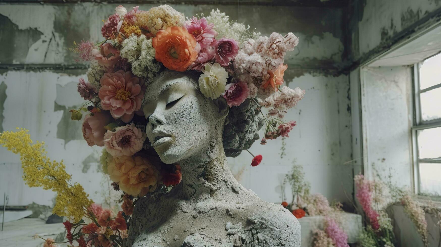 Real flowers cover a sculpture in a concrete building, a sculpture inspired, pastel accent colors, hip hop sculpture, AI Generative photo