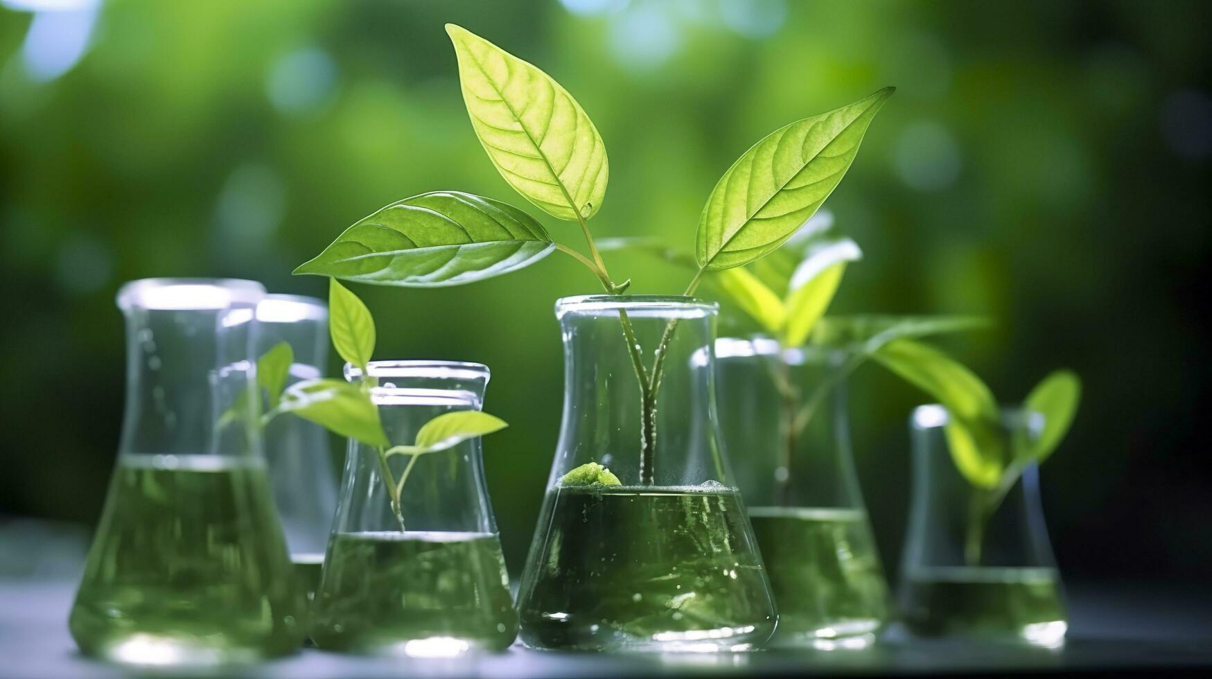 Biotechnology concept with green plant leaves, laboratory glassware, and conducting research, illustrating the powerful combination of nature and science in medical advancements.  AI Generative photo