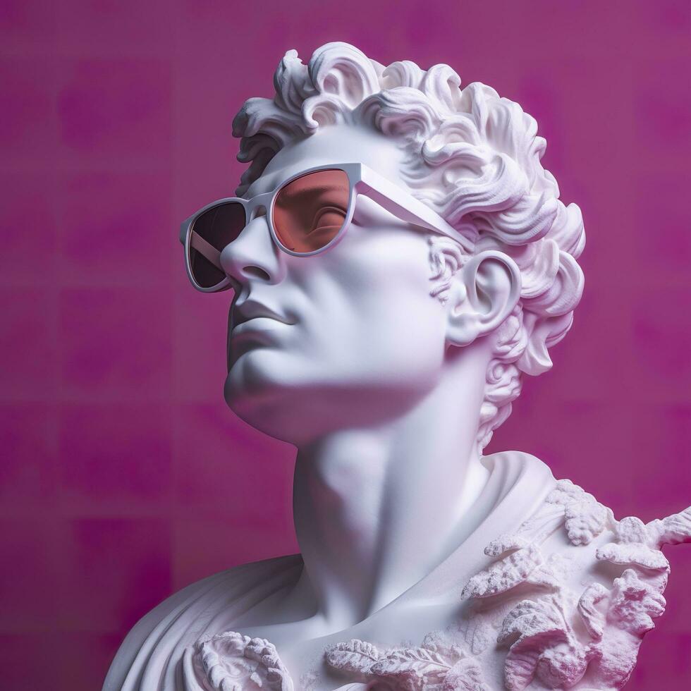 The head of a white mythological statue with fashionable pink glasses on his eyes, frame in profile. AI Generative photo