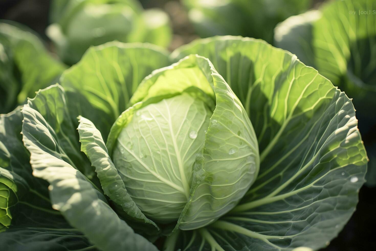 Cabbage growing in an urban garden. Cabbage leaves and head close up. Generative AI photo