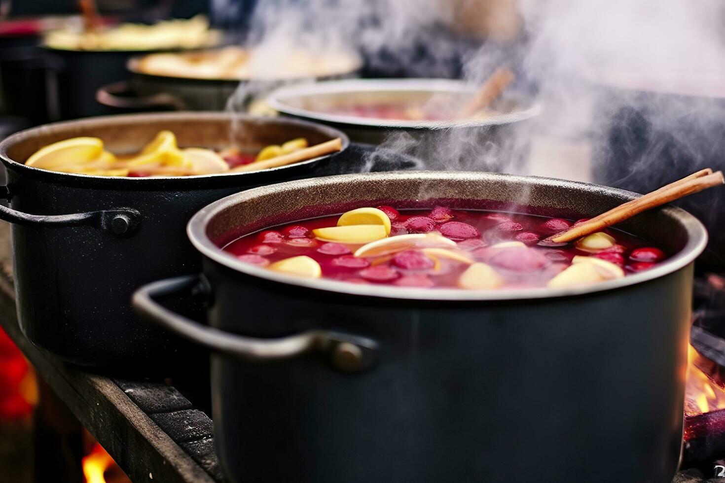 bebidas frutas y bayas caliente reflexionado vino en ollas con vapor en calle comida mercado. generativo ai foto