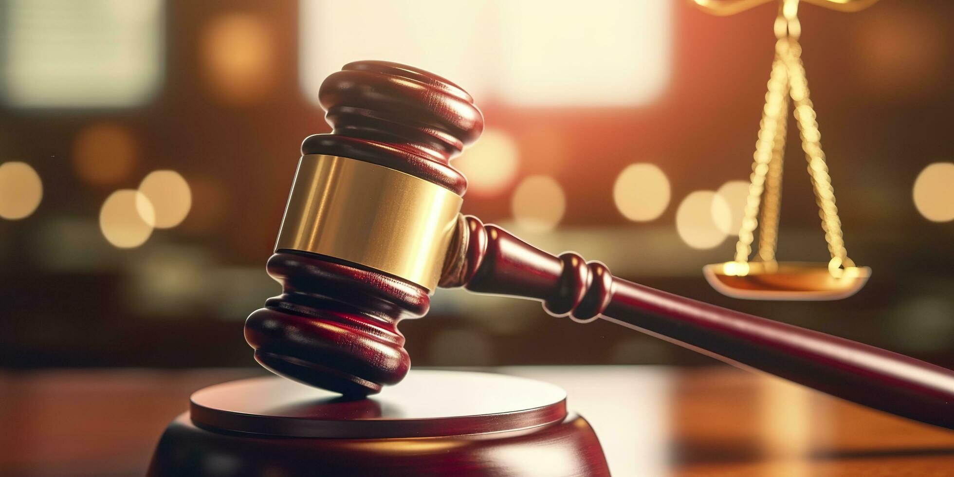 Legal law concept image gavel bokeh. law and authority lawyer concept, judgment gavel hammer in court courtroom for crime judgment legislation and judicial decision. AI Generative photo