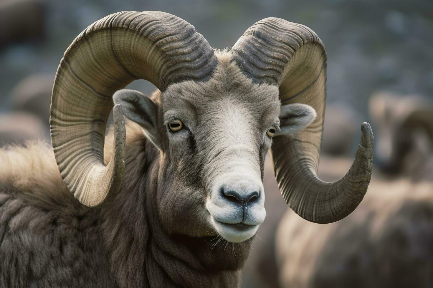 Close up of curious ram. Generative AI photo