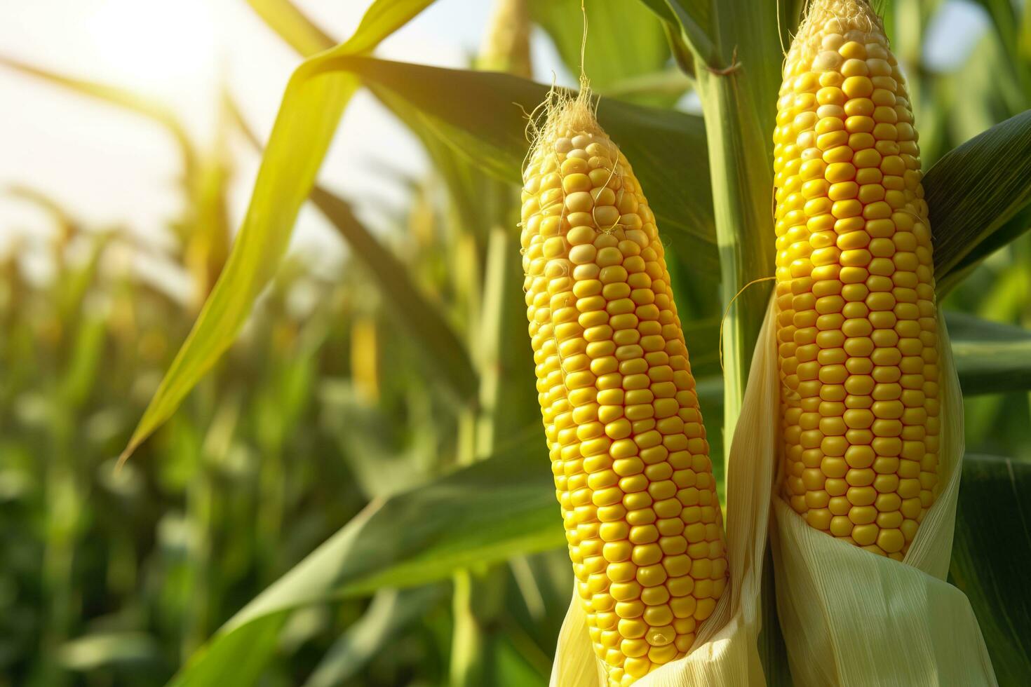 Closeup corn cobs in corn plantation field. Generative AI photo