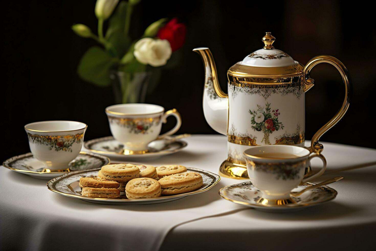 Classical served tea table with biscuits. Generative AI photo