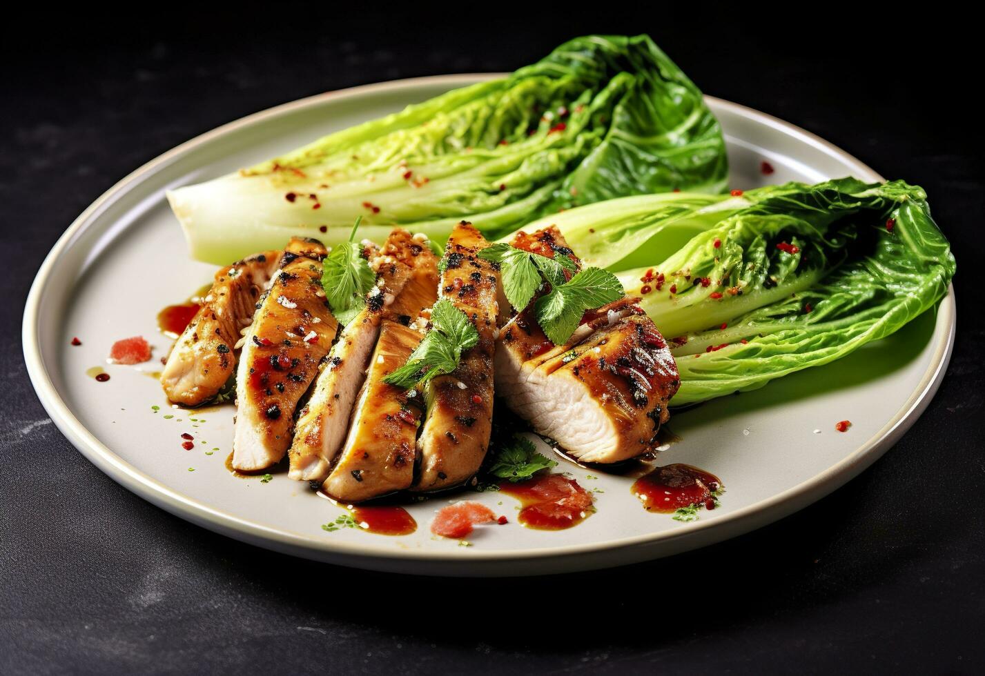 Chicken grill meat served with pak choi vegetables on a plate. Generative AI photo