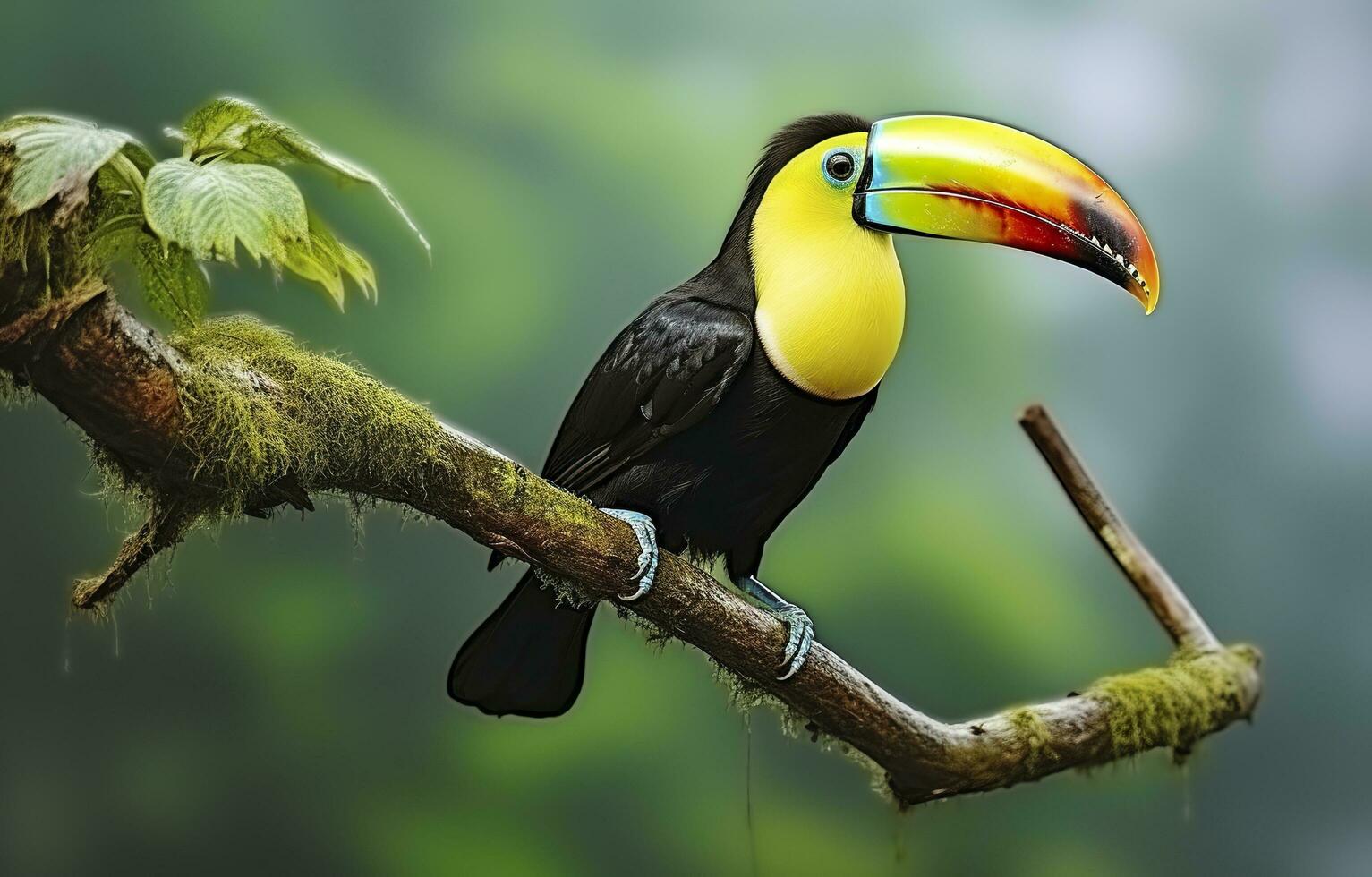 Chesnut mandibled Toucan sitting on the branch in tropical rain with a green jungle. Generative AI photo