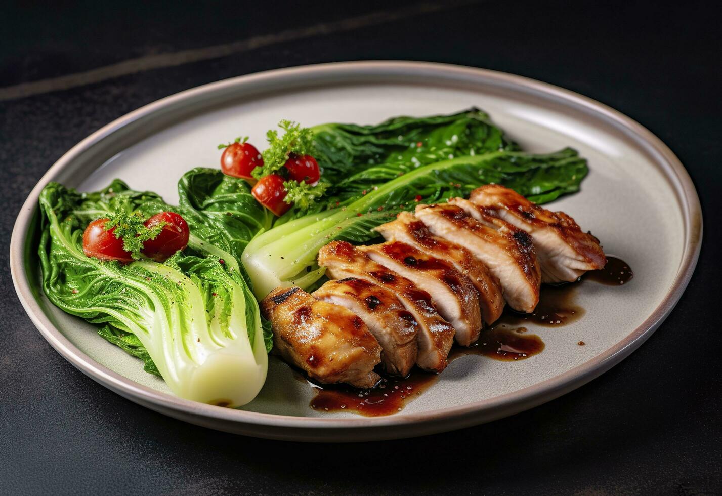 Chicken grill meat served with pak choi vegetables on a plate. Generative AI photo