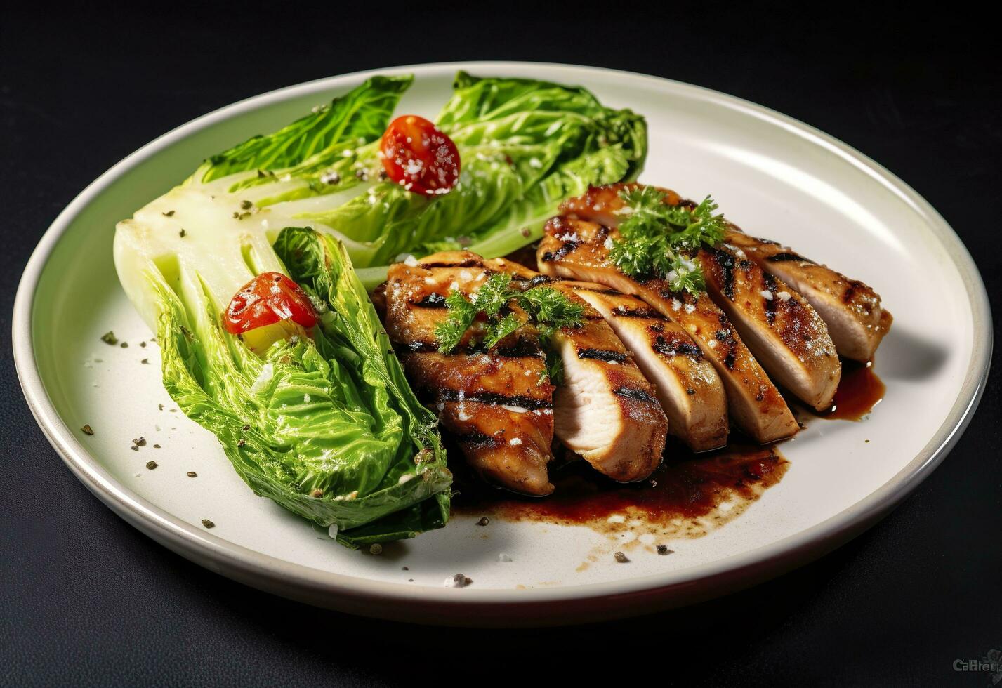 Chicken grill meat served with pak choi vegetables on a plate. Generative AI photo