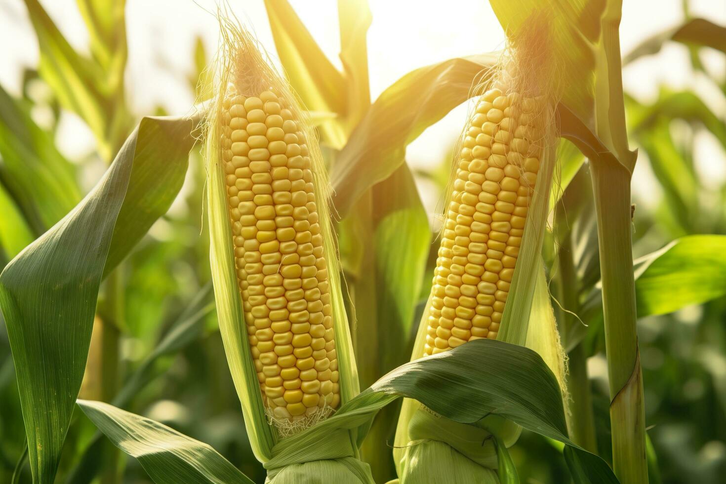 Closeup corn cobs in corn plantation field. Generative AI photo