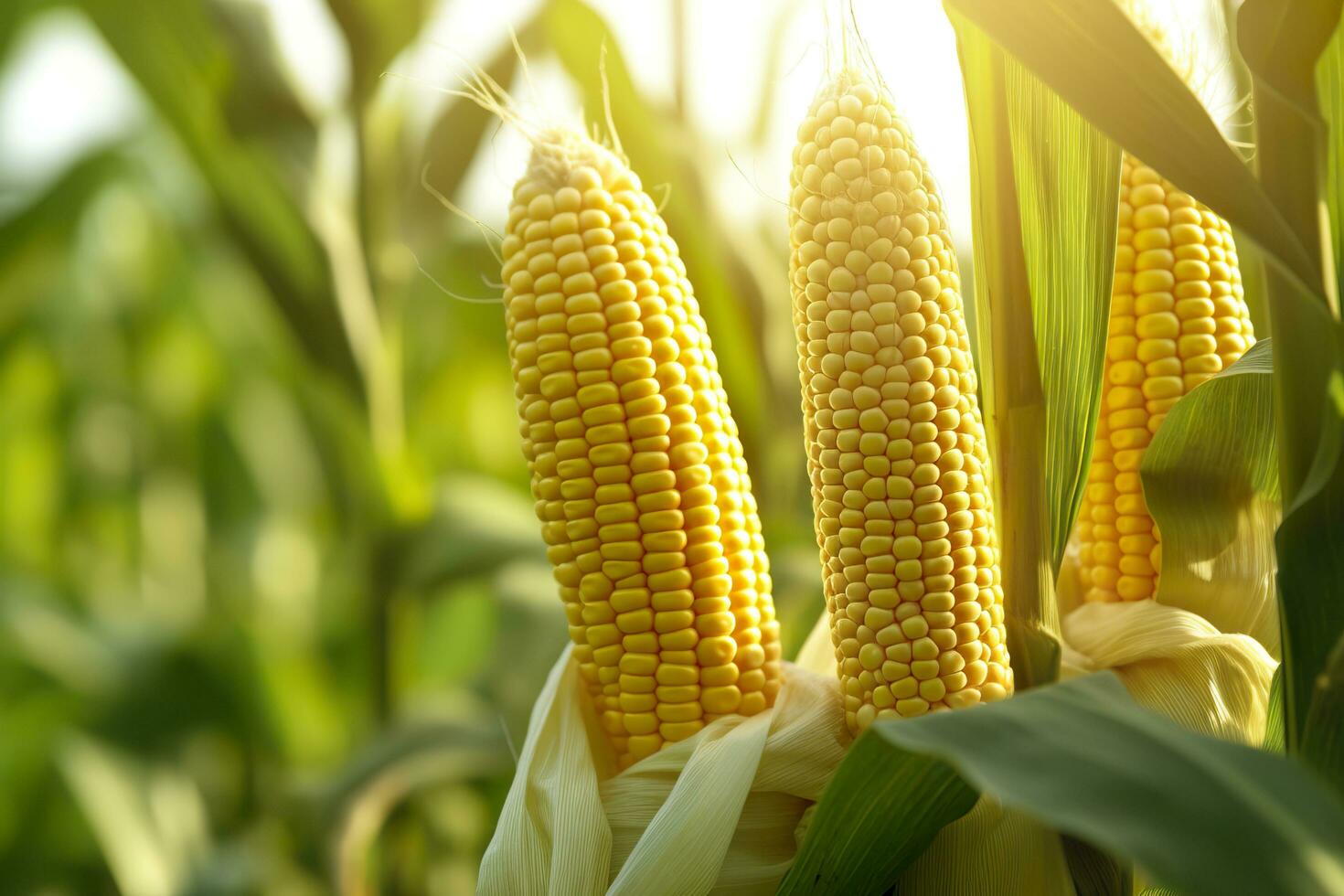 Closeup corn cobs in corn plantation field. Generative AI photo