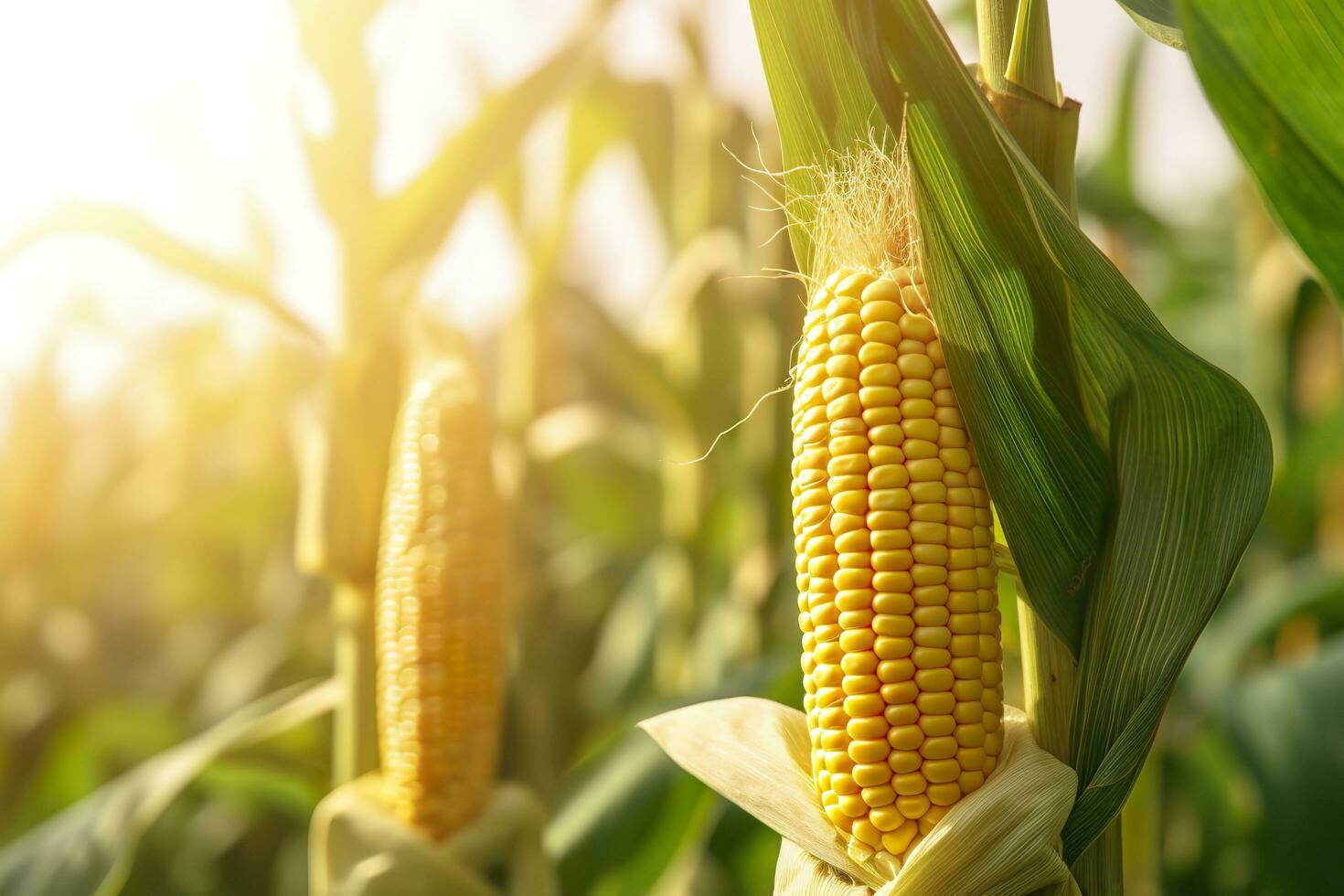 Closeup corn cobs in corn plantation field. Generative AI photo