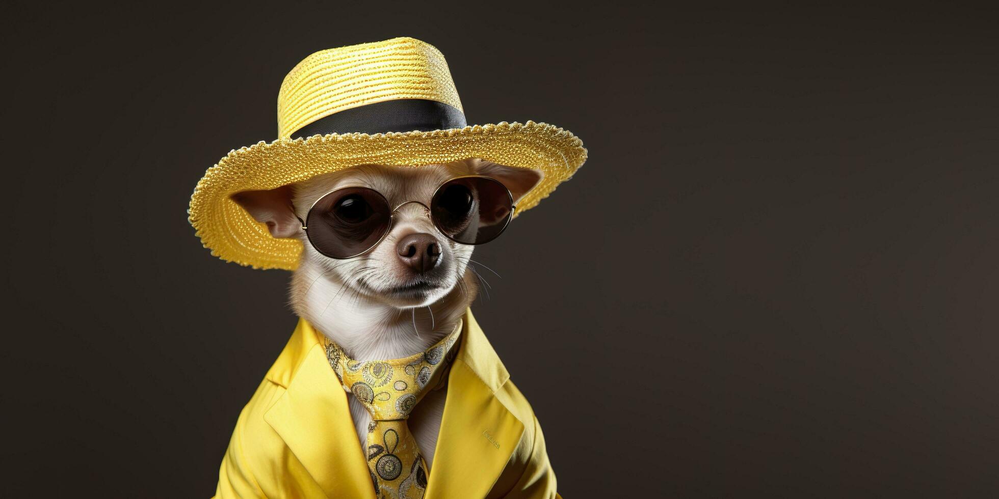 Cool looking Chihuahua dog wearing funky fashion dress. space for text right side. Generative AI photo