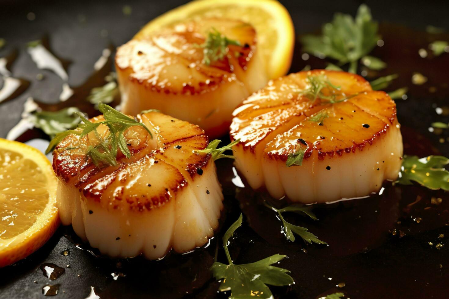 Closeup of pan seared diver scallops with lemon beurre blanc. Generative AI photo