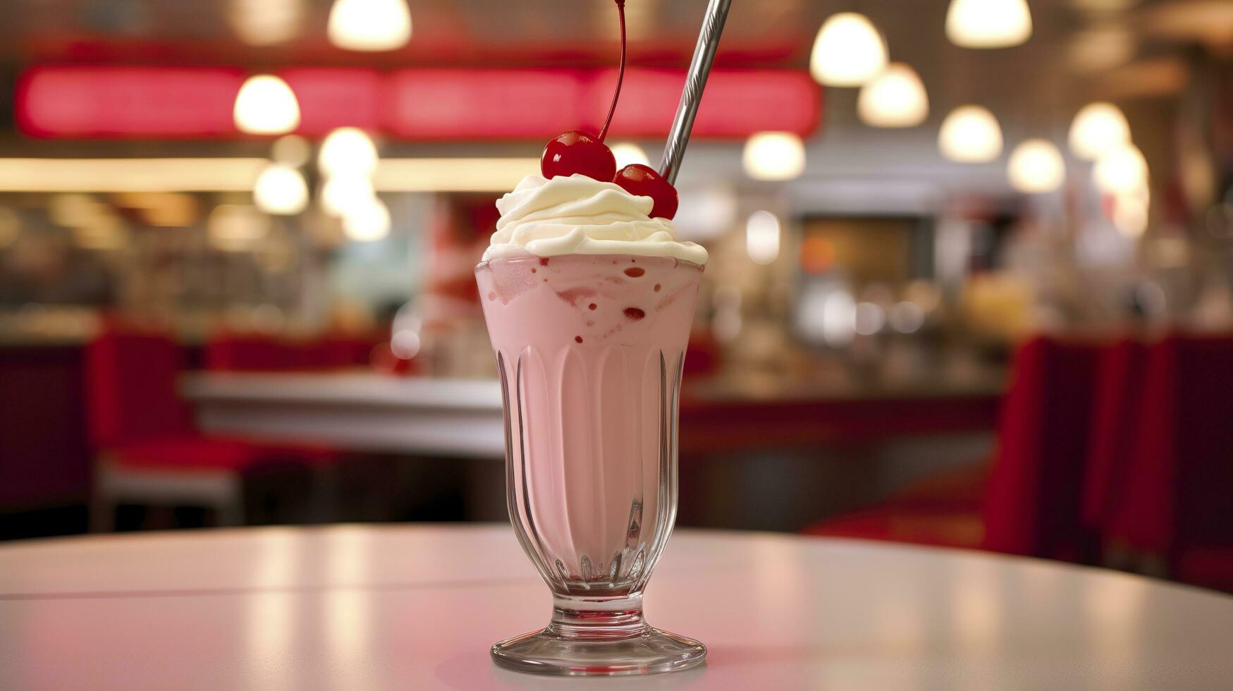 Cherry Milkshake in a Classic American Diner.  food photography concept. Generative AI photo