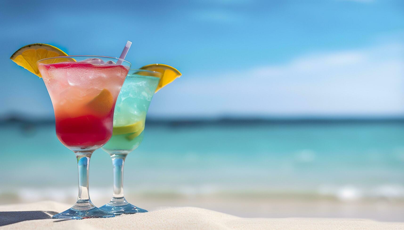 Cocktail glass on the sandy beach near the sea in summer time. Generative AI photo