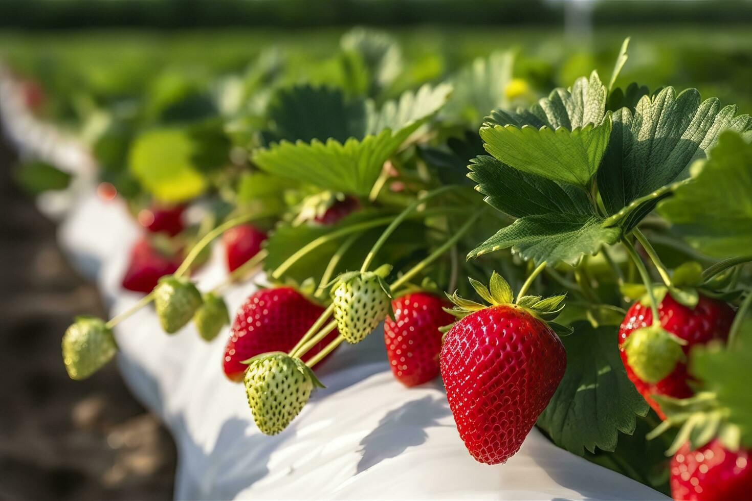 Bush of ripe organic strawberries in the garden. Berry closeup. Generative AI photo