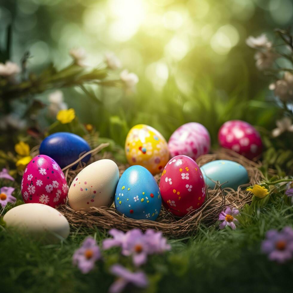 Easter colored eggs natural background, Generate Ai photo