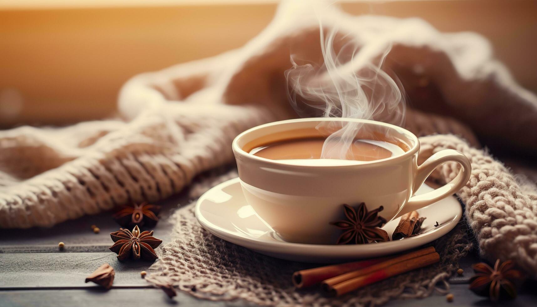 Cup of Steaming Tea Coffee, Knitted Blanket, and Cinnamon Anise. Generative AI photo