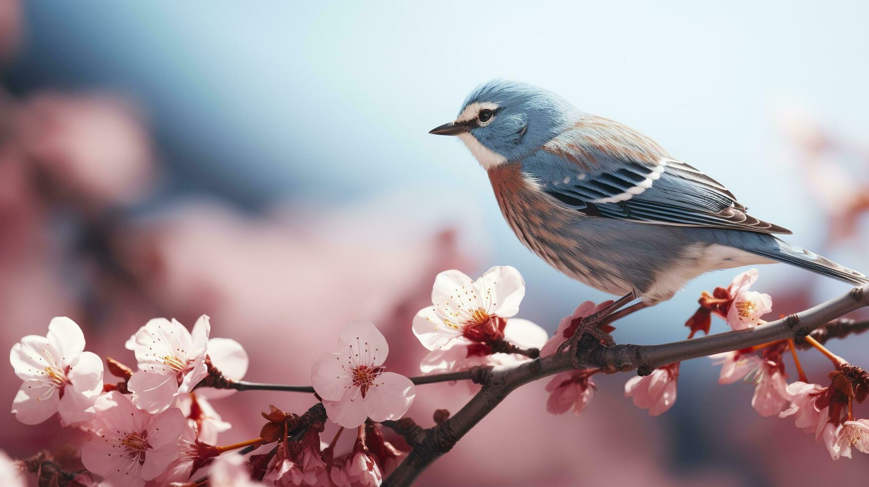 Birds sitting in a tree filled with cherry blossom flowers. Generative AI photo