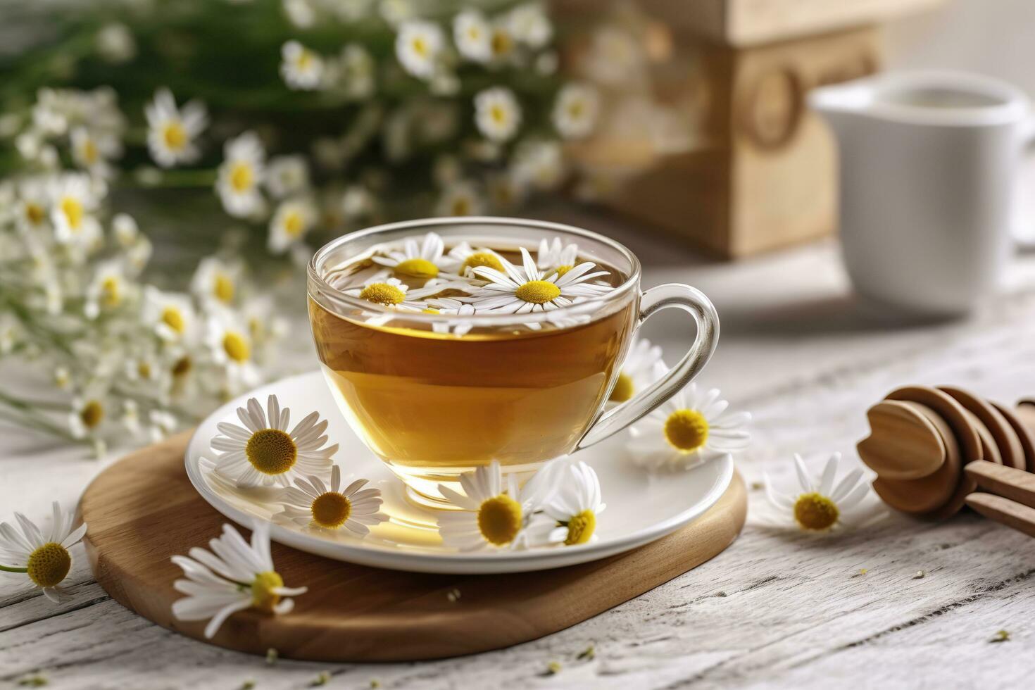 Cup of hot chamomile tea on light wooden background. Generative AI photo