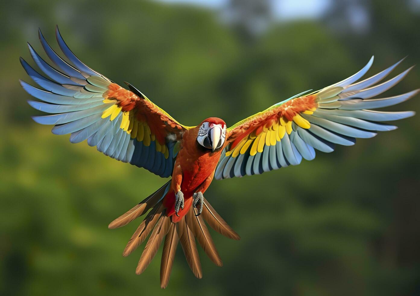 Flying macaw, beautiful bird. Generative AI photo