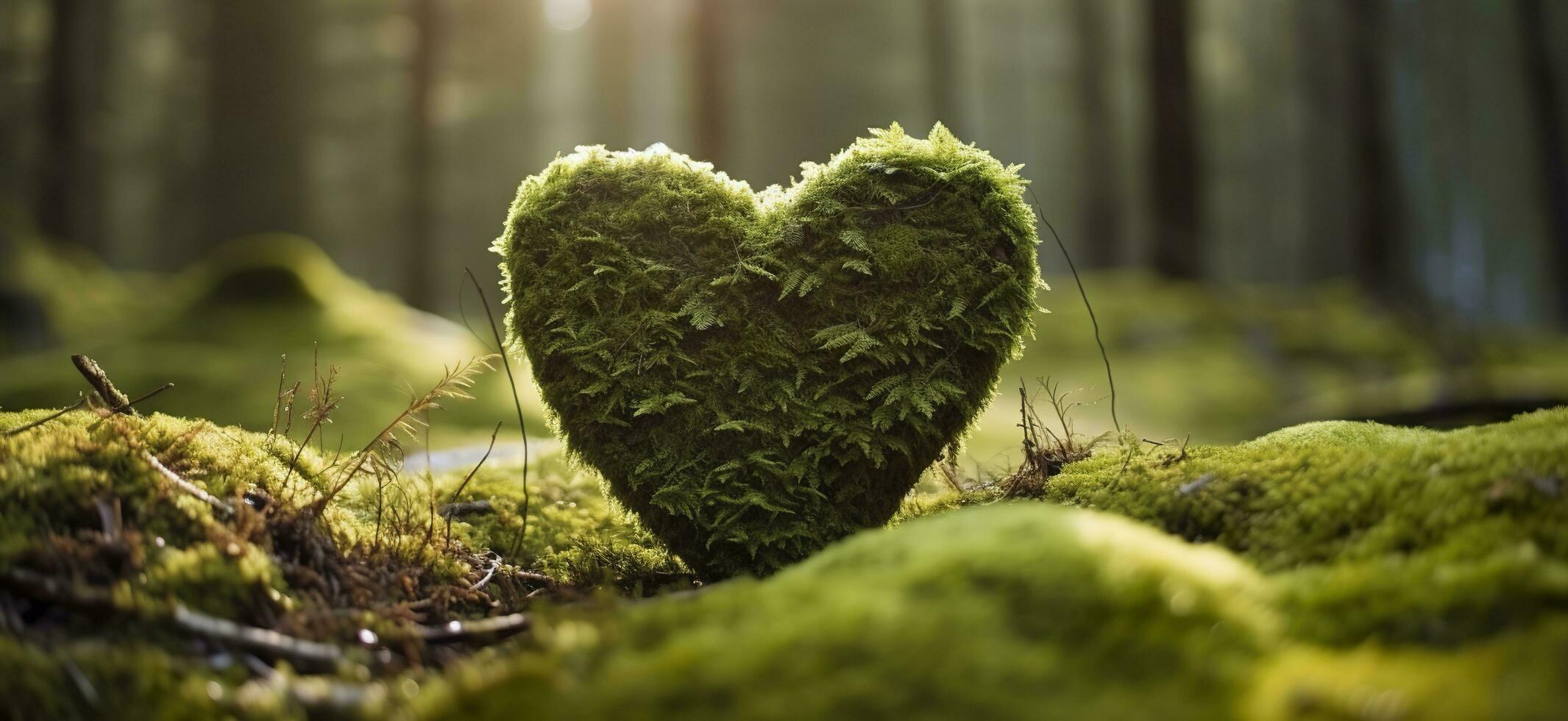 Closeup of wooden heart on moss. Natural burial grave in the woods. Generative AI photo