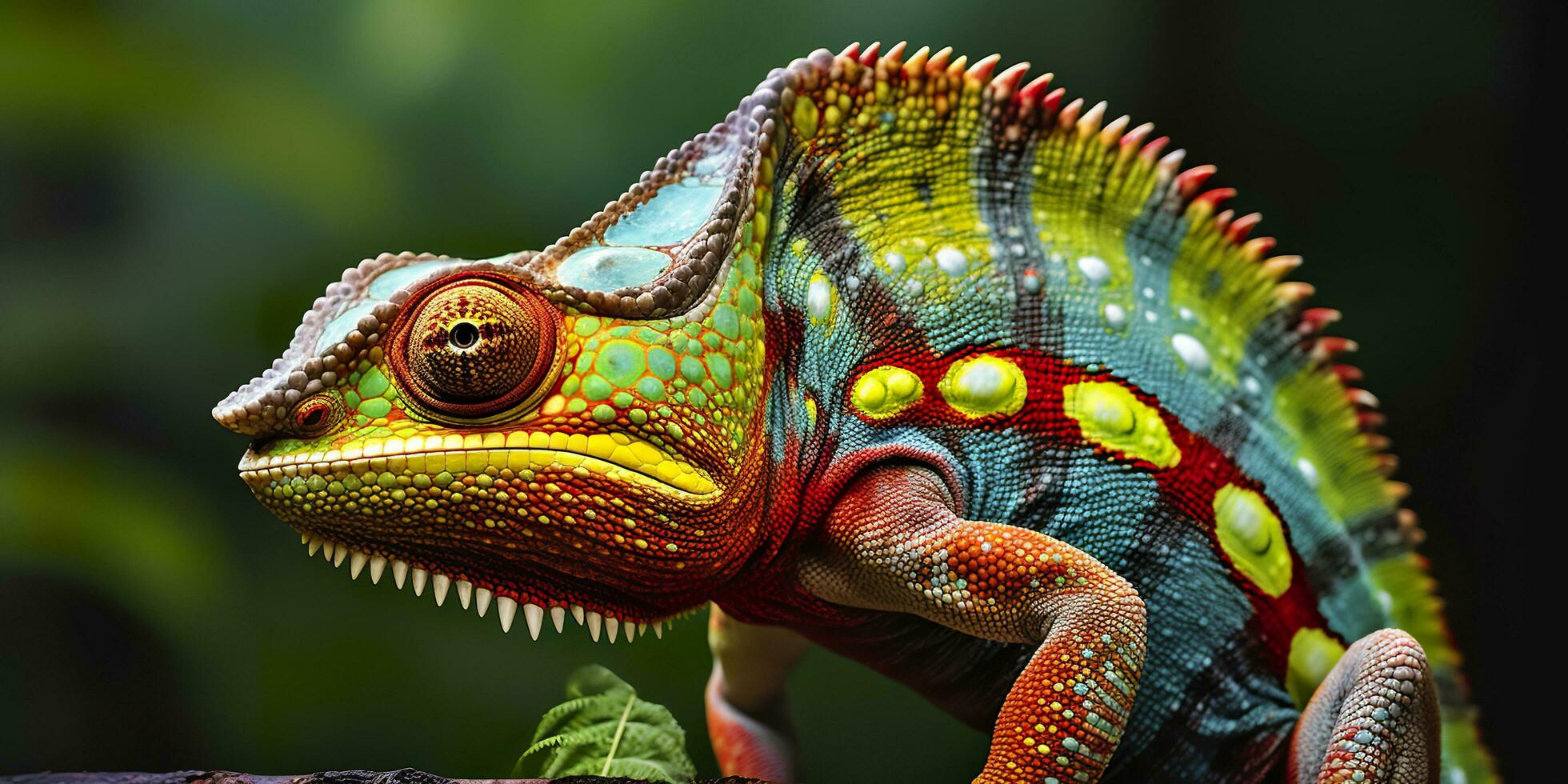 A colorful close up chameleon with a high crest on its head. Generative AI photo