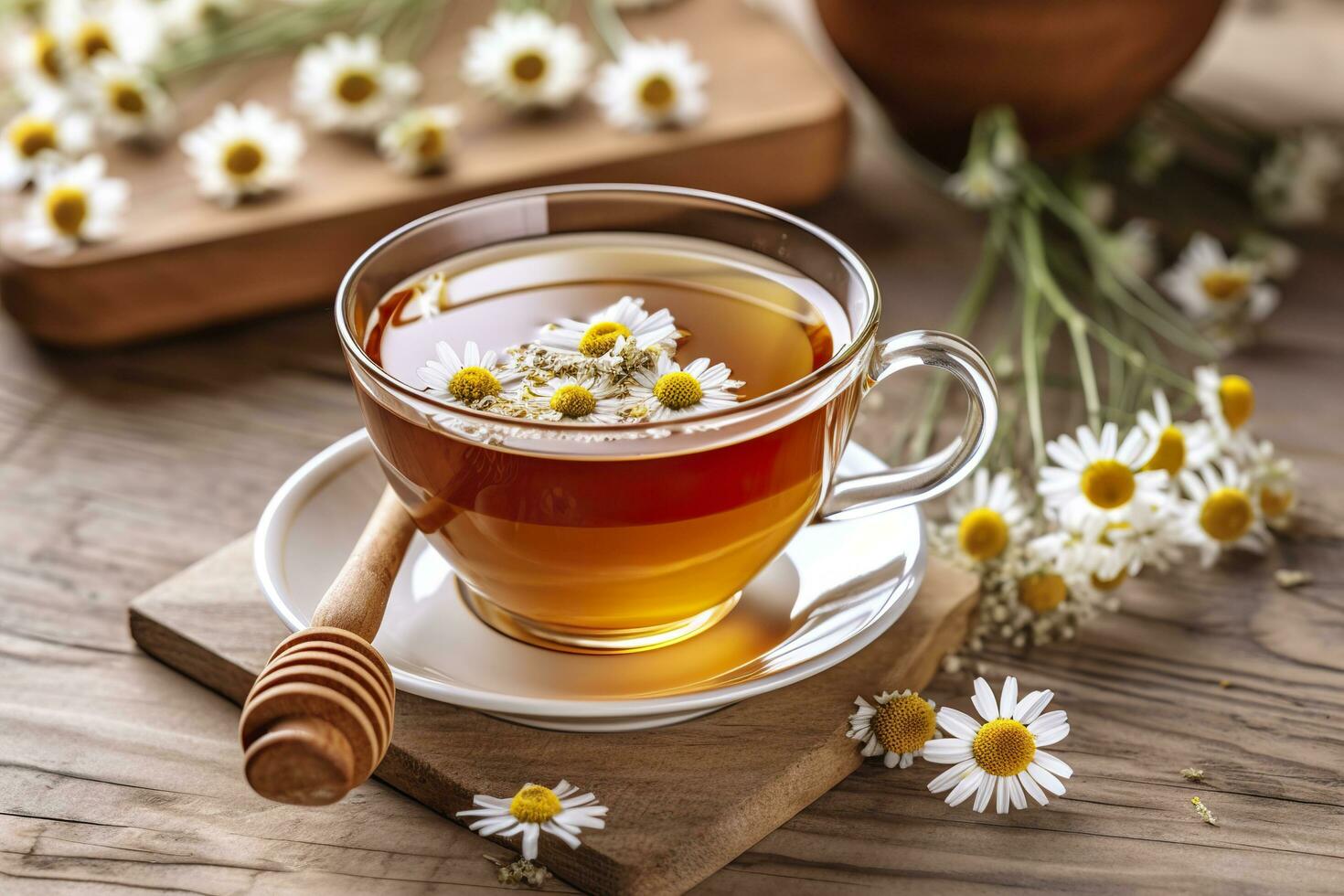 Cup of hot chamomile tea on light wooden background. Generative AI photo