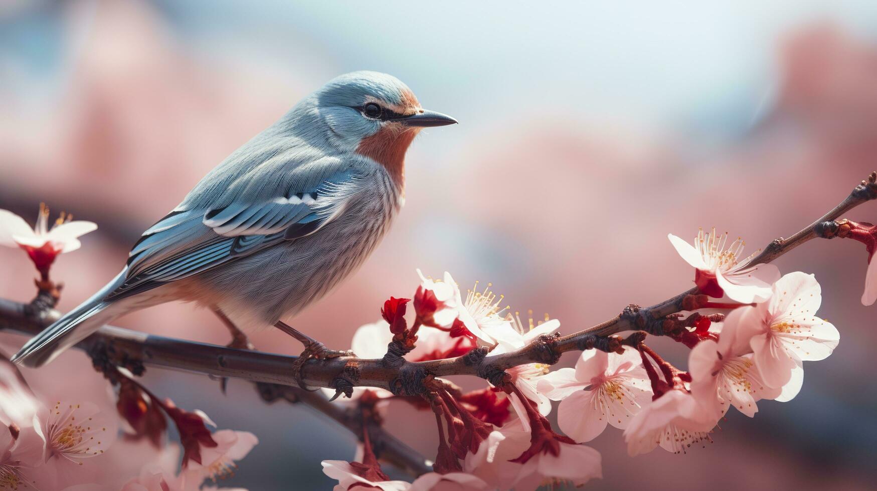 Birds sitting in a tree filled with cherry blossom flowers. Generative AI photo