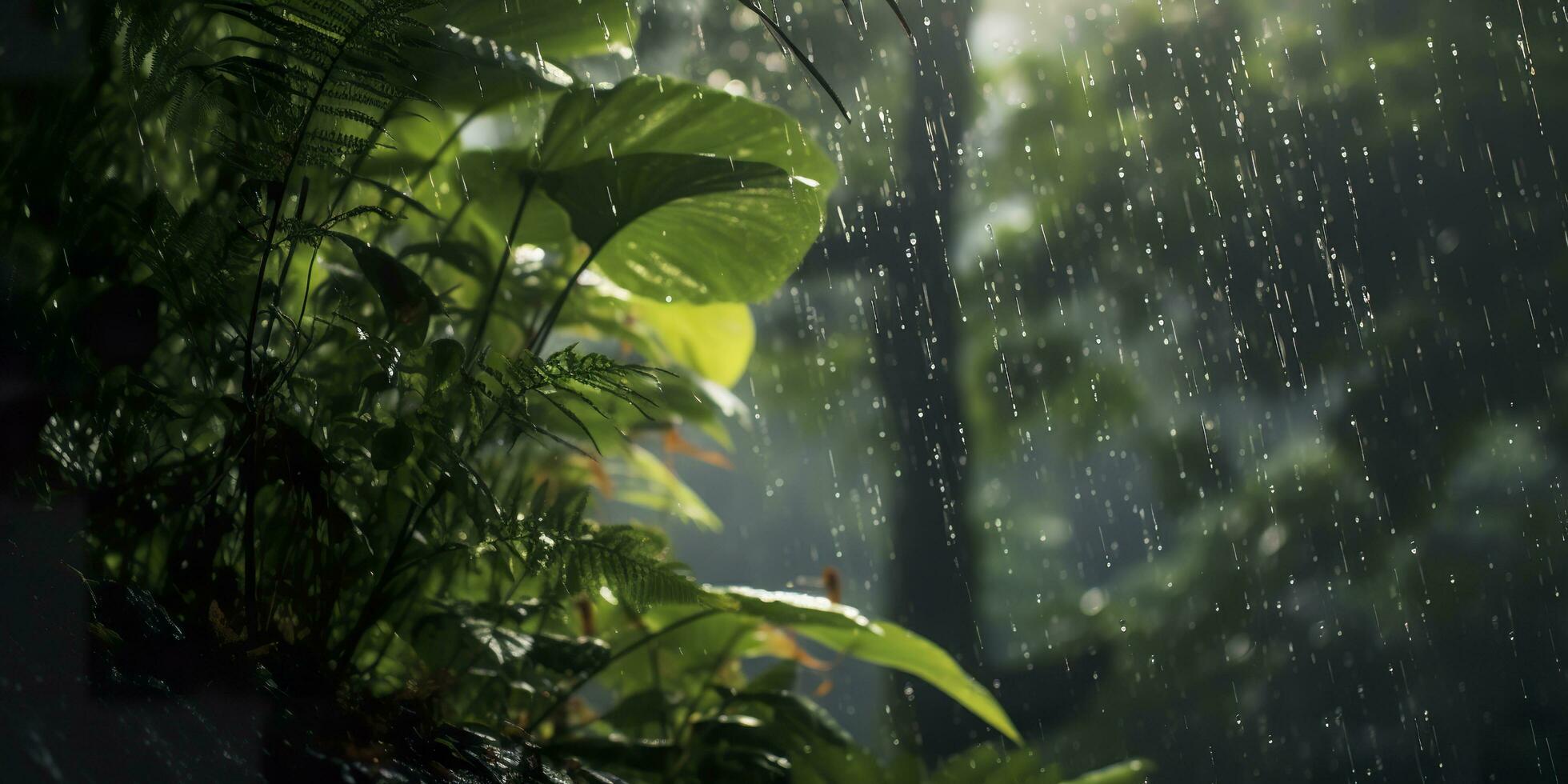 Rain falls in a rainforest with the rain drops. Generative AI photo