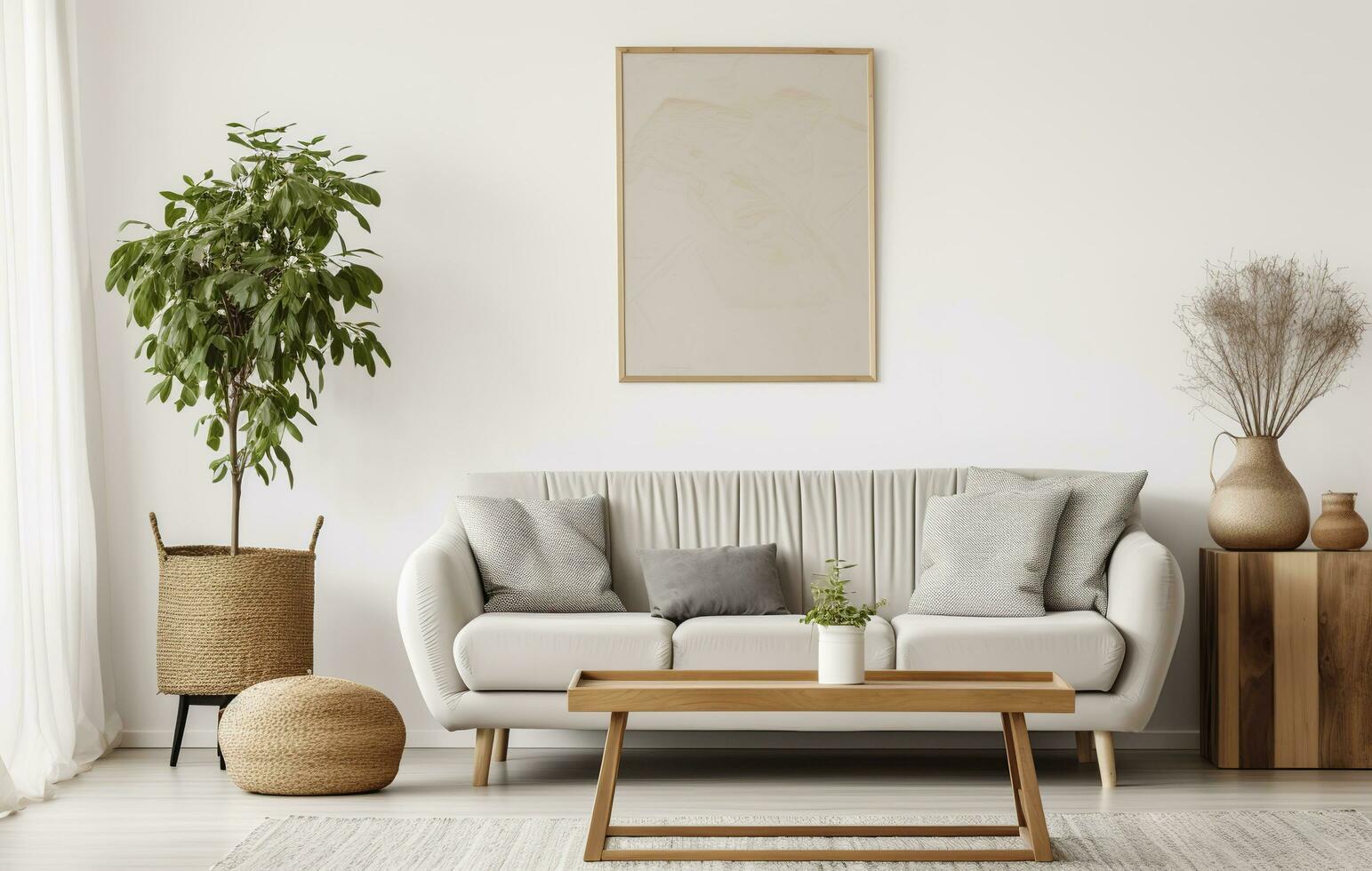 Boho open space interior in a cozy apartment with a design. Generative AI photo