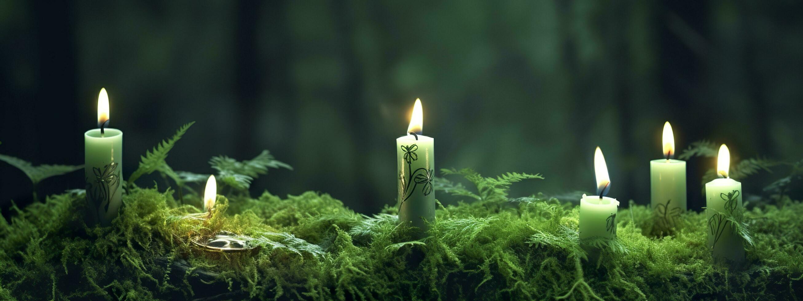 Burning candles on moss, dark green blurred the natural background. Magic candle. Generative AI photo