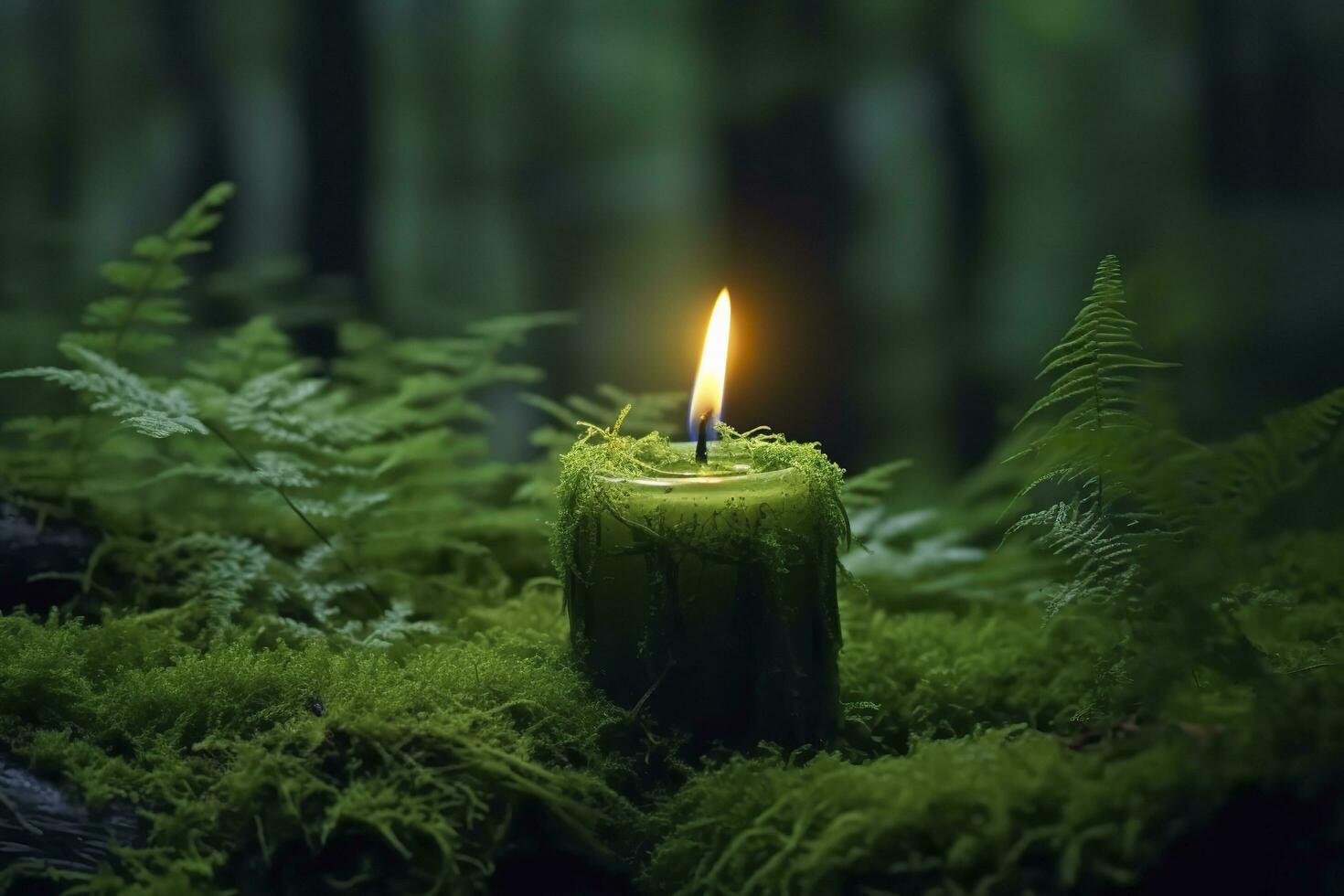 Burning candle on moss, dark green blurred the natural background. Magic candle. Generative AI photo