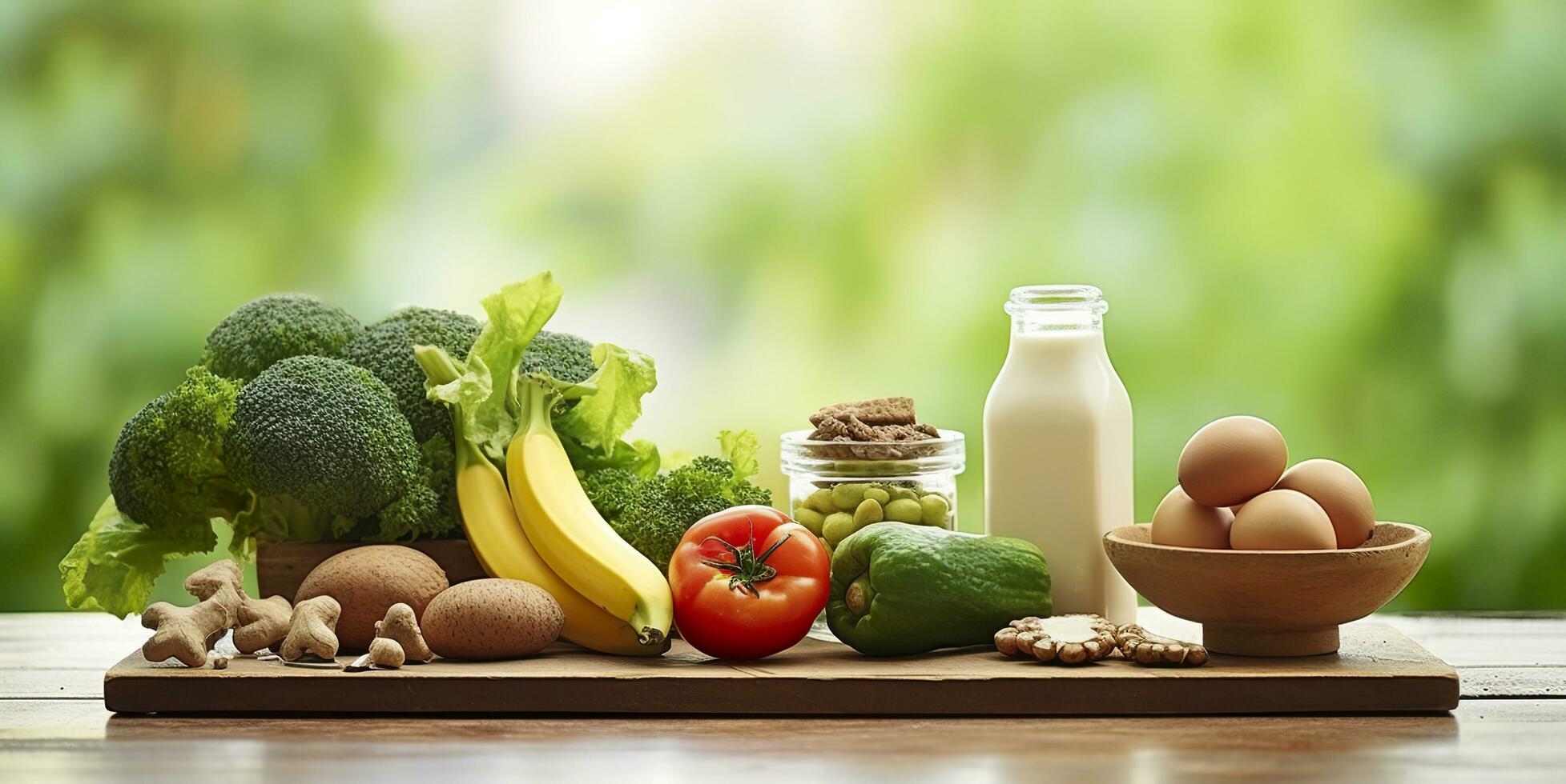 Closeup of vegetables, fruits, and meat on wooden table over green natural background. Generative AI photo