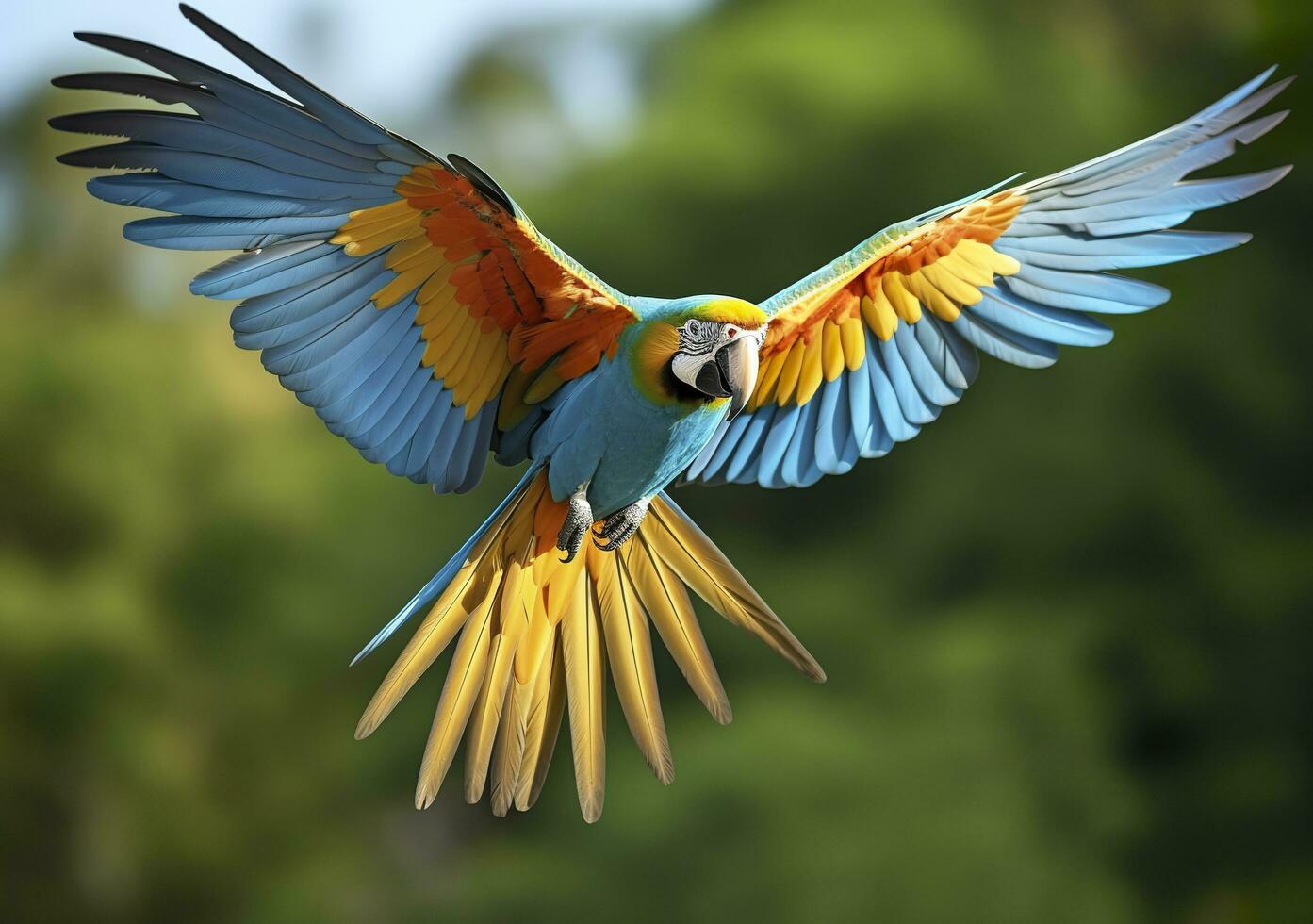 Flying macaw, beautiful bird. Generative AI photo
