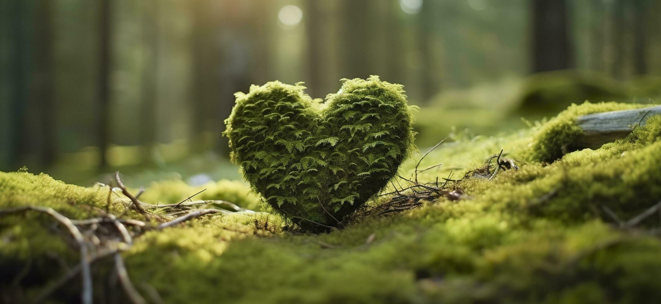 Closeup of wooden heart on moss. Natural burial grave in the woods. Generative AI photo