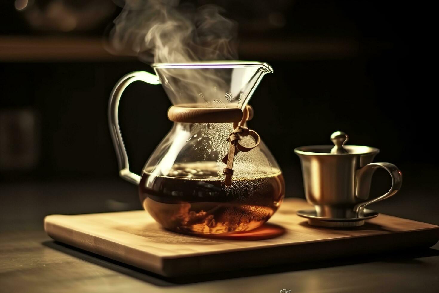 An alternative coffee brewing method is pure over, a glass teapot on a wooden tray. Generative AI photo