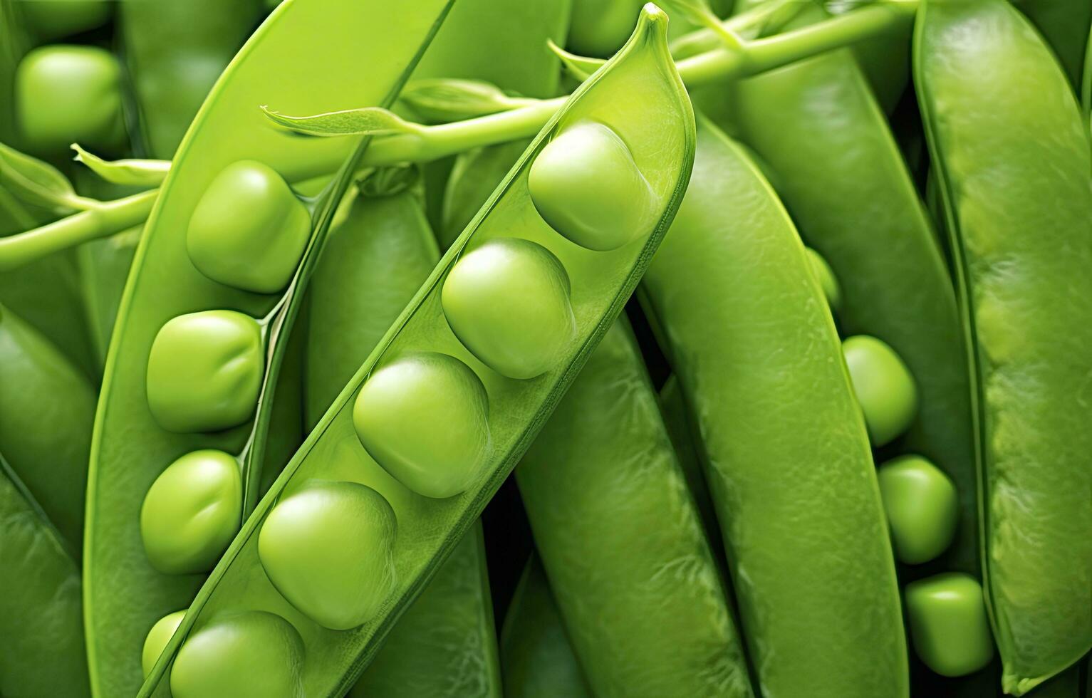 Close up of peas in pea pod. AI Generated photo