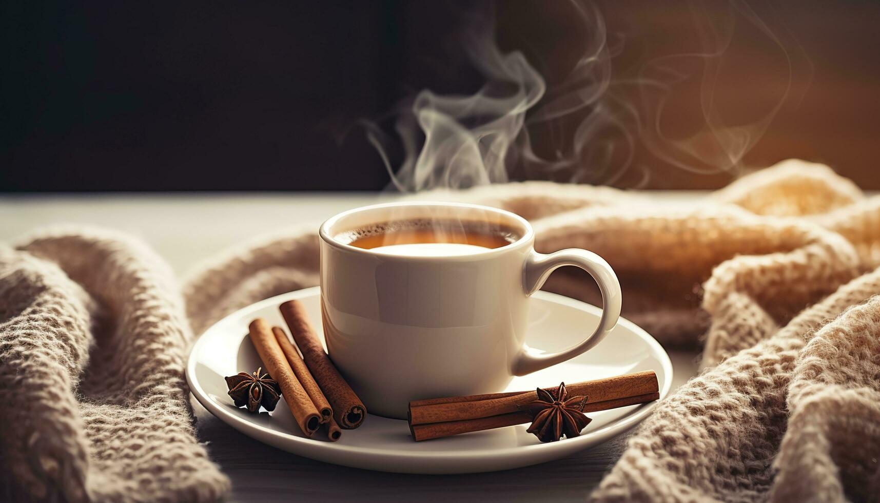 Cup of Steaming Tea Coffee, Knitted Blanket, and Cinnamon Anise. Generative AI photo
