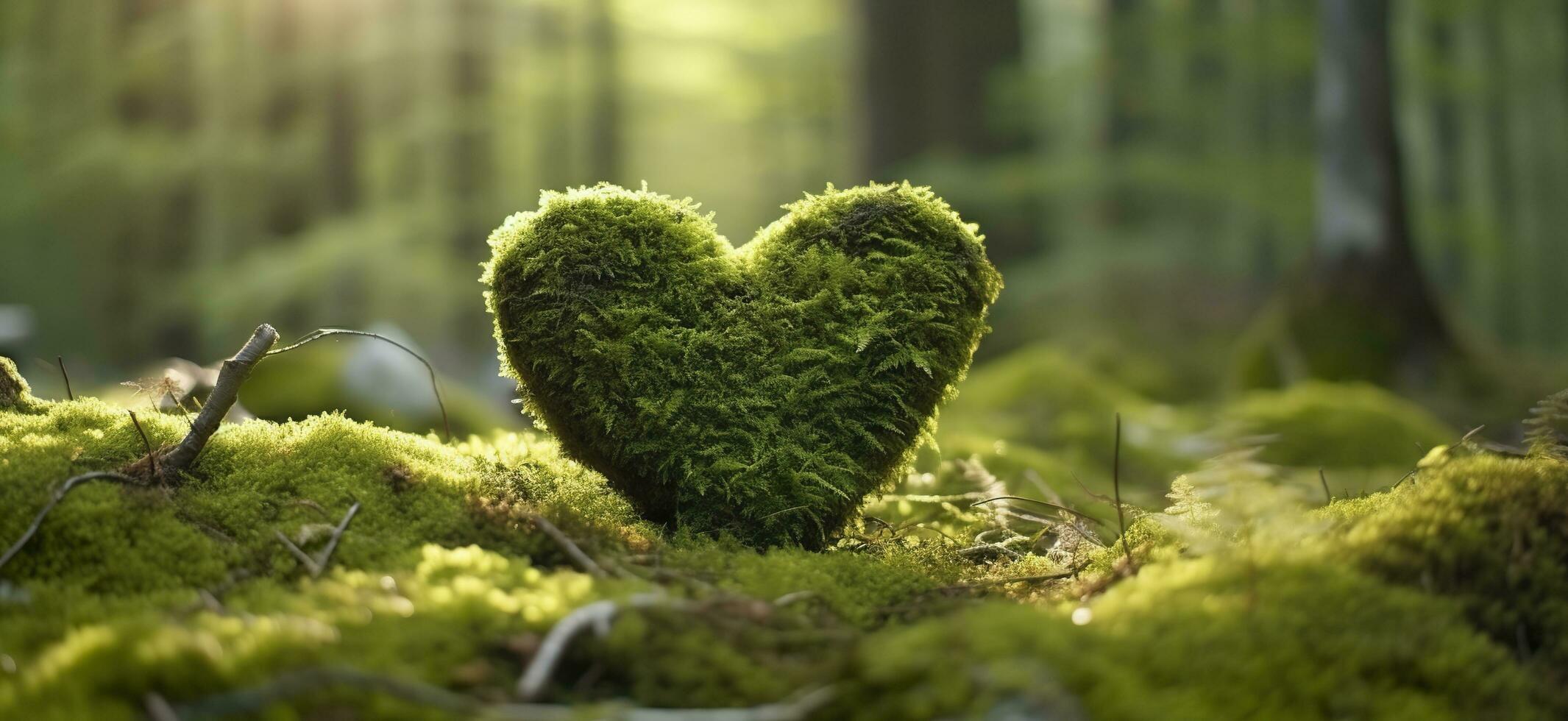 Closeup of wooden heart on moss. Natural burial grave in the woods. Generative AI photo