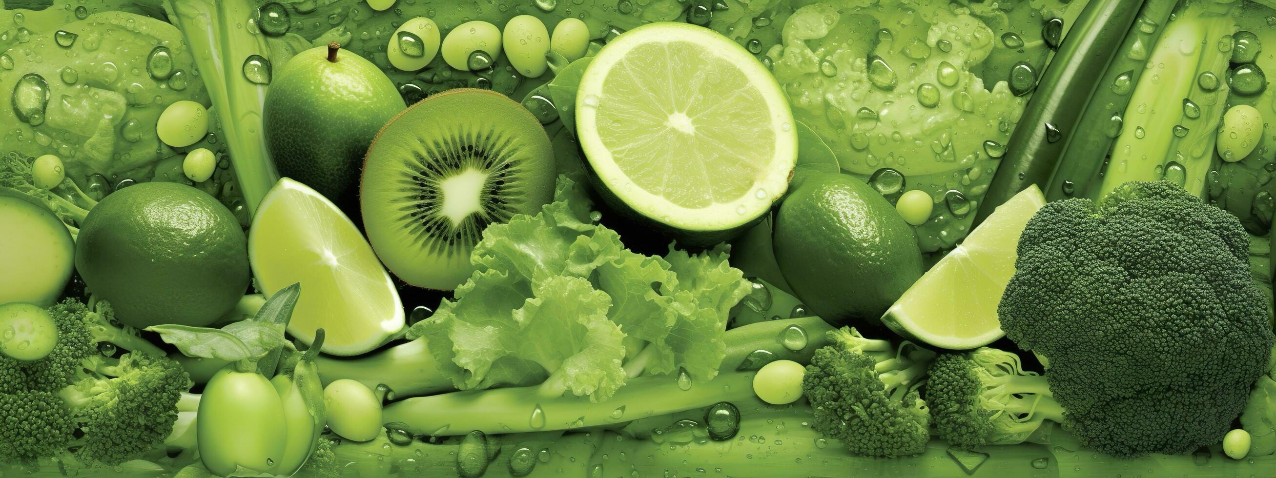 Banner layout of green fruits and vegetables. Generative AI. photo