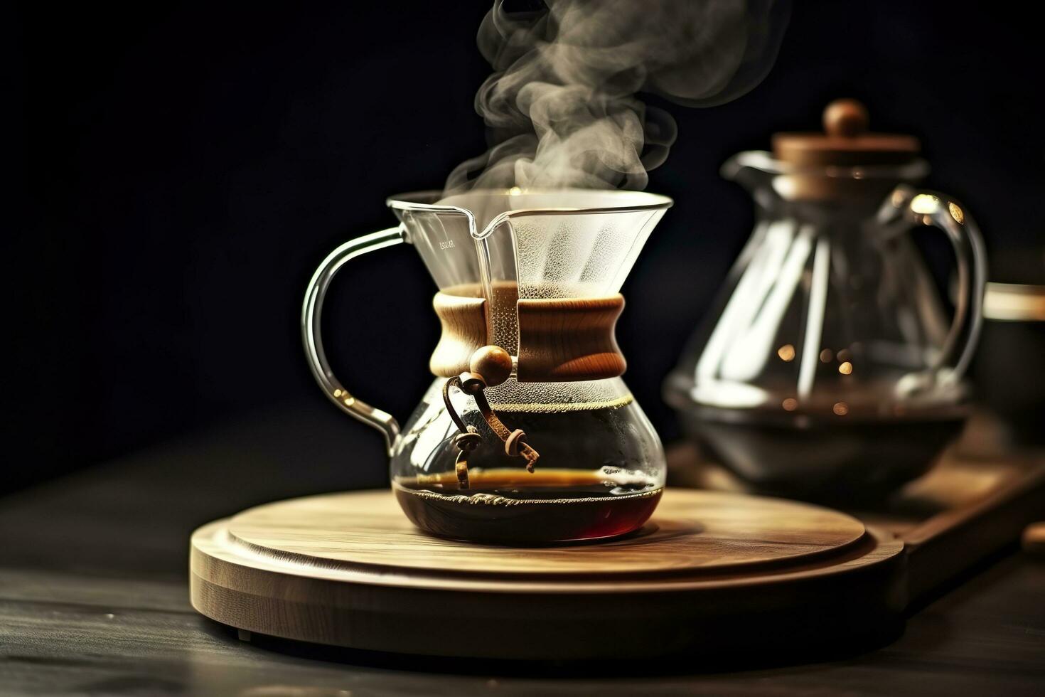 An alternative coffee brewing method is pure over, a glass teapot on a wooden tray. Generative AI photo