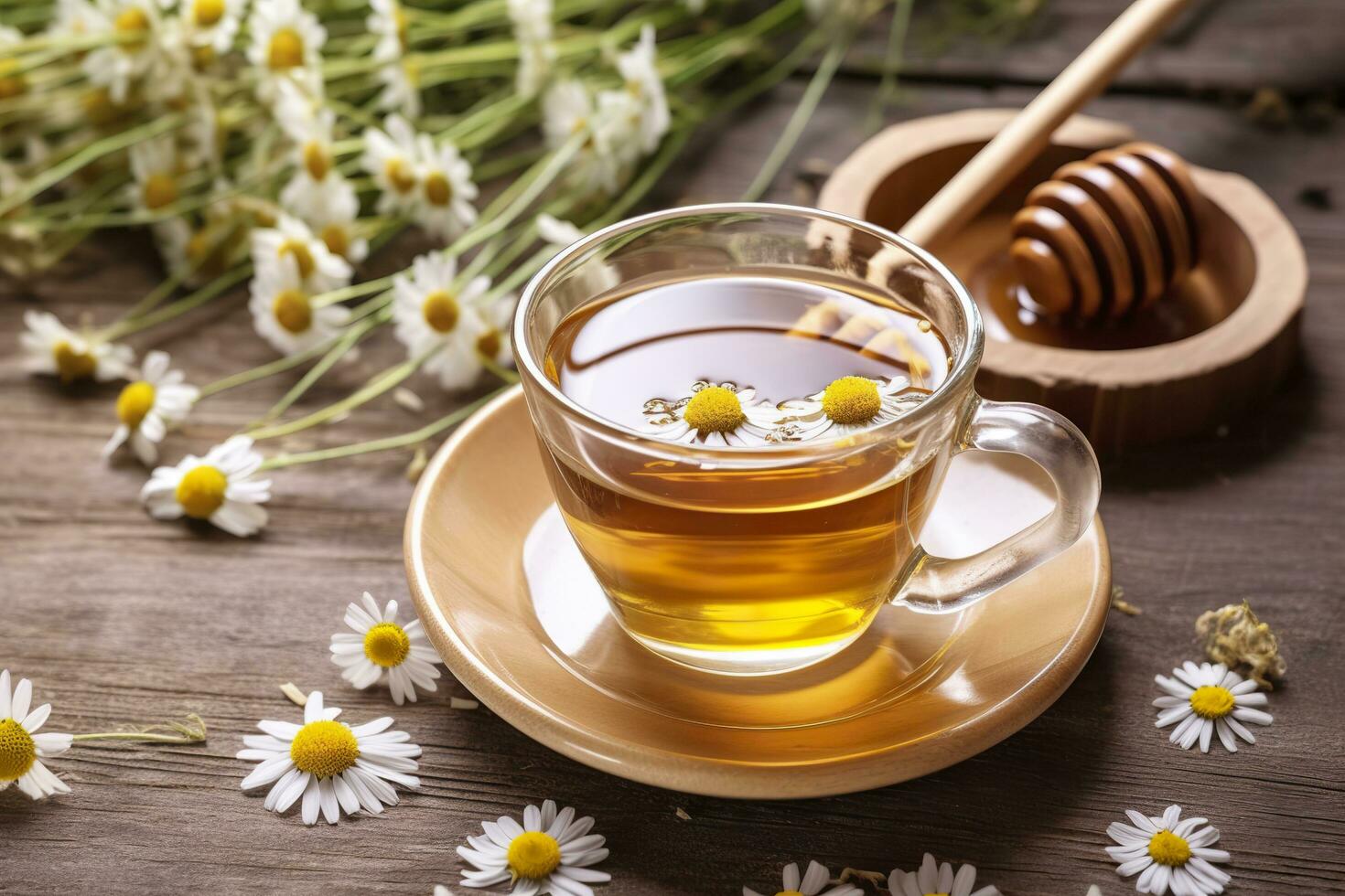 Cup of hot chamomile tea on light wooden background. Generative AI photo
