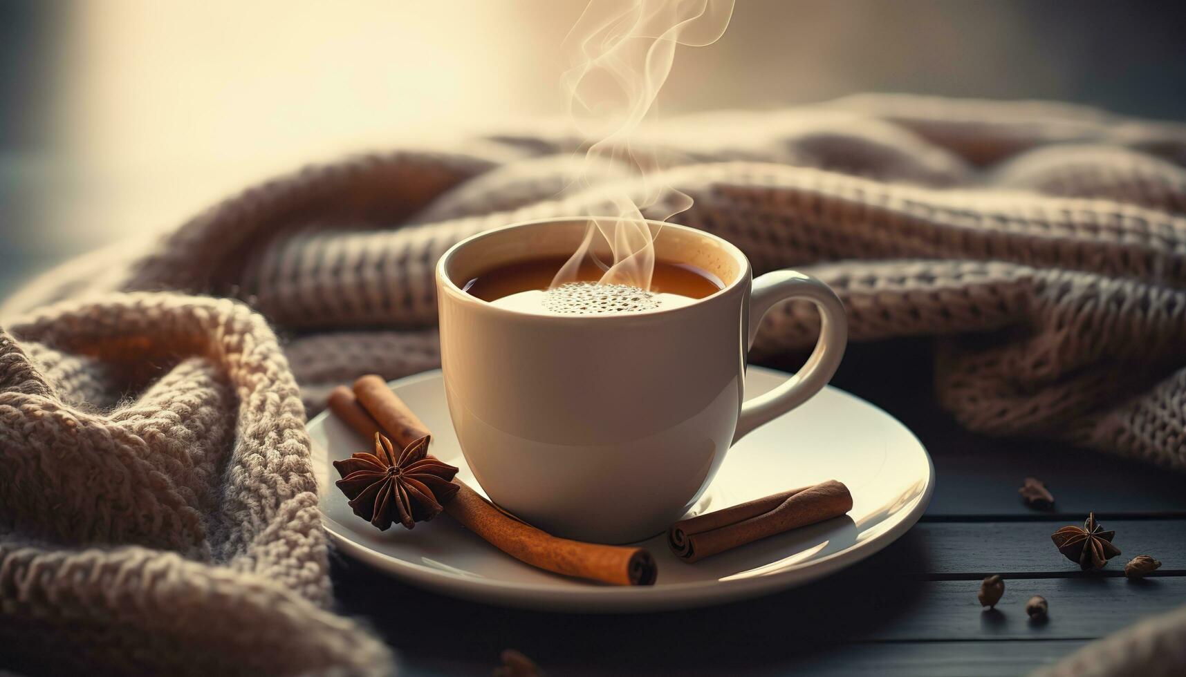 Cup of Steaming Tea Coffee, Knitted Blanket, and Cinnamon Anise. Generative AI photo