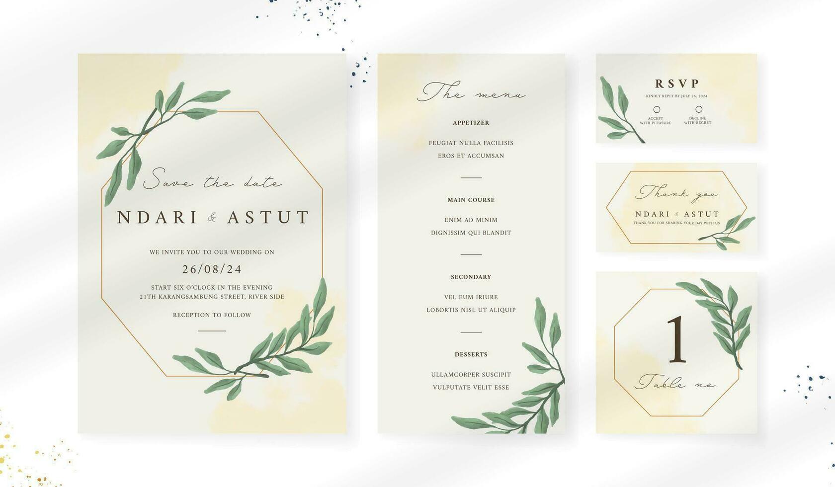 resumen acuarela Boda invitación modelo. conjunto de Boda papelería. lujo tarjeta y póster antecedentes. vector